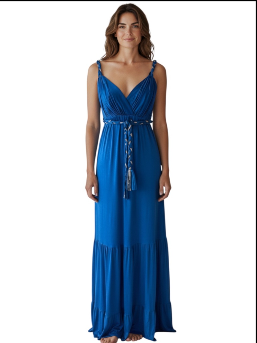 Blue Grecian Long Dress Size Small with Tie Belt with Gold Detail